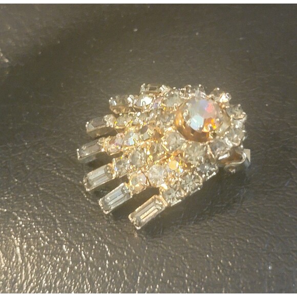 Resplendent AB Rhinestone Crystal Baguette Clip Earrings Hobe Gold Plt MCM VTG - Picture 10 of 14